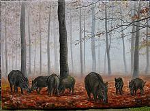 Teso forest- Wild boars in the mist - silvia diana - Oil - 600€