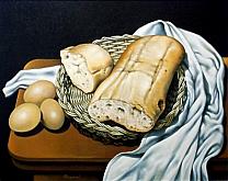 Basket with bread, eggs and white cloth - Salvatore Ruggeri - Oil