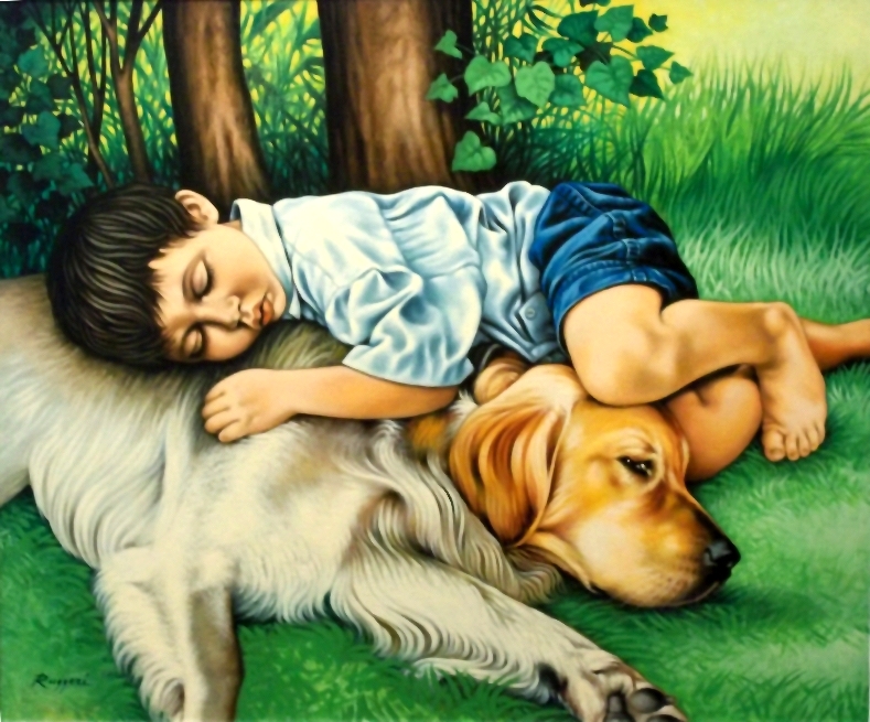Rest on the grass (child with dog) - Salvatore Ruggeri - Oil