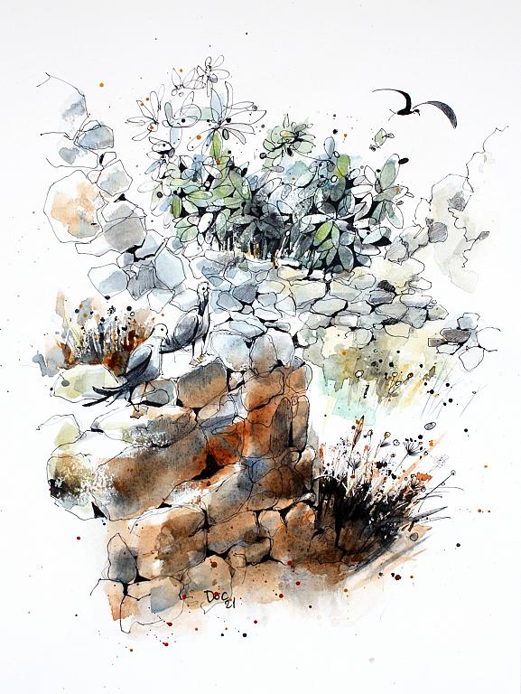 SEAGULLS AND PRICKLY PEARS - Guido Ferrari - Watercolor - 230 €